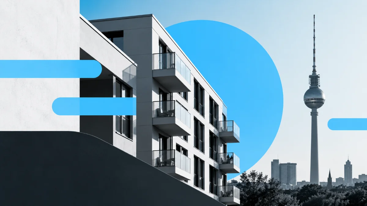 KI-generiertes Bild: moderner Wohnungsneubau mit Balkonen, im Hintergrund der Berliner Fernsehturm